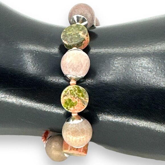 Beaded Bracelet Unakite & Wood Beaded in Sterling Silver Spring Ring Clasp - Picture 2 of 5